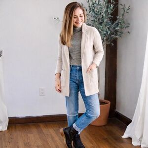 LOFT Medium Cream Open Front Knit Blazer Cardigan with‎ Pockets